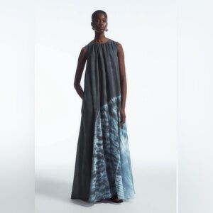 Cos Gathered A Line Maxi Dress Blue White Tye Dye Size 8